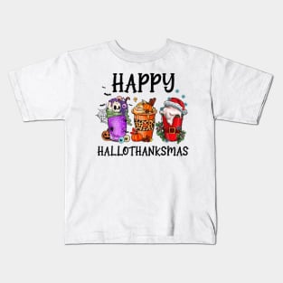 Happy HalloThanksMas Coffee Halloween Thanksgiving Xmas Kids T-Shirt